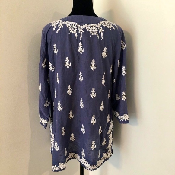 SAFFIRE Blue V-Neck Floral Embroidered Sequin Boho Tunic 3/4 Sleeves Size Medium - Picture 5 of 8